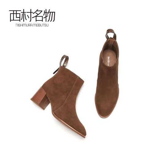 西村名物2020冬季新款短靴羊皮绒面革高跟纯色简约女靴T20DS40431 商品图1