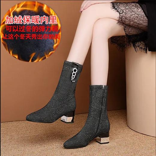 PDD-YRJPNX201201新款时尚气质百搭尖头粗跟中筒弹力靴 商品图0