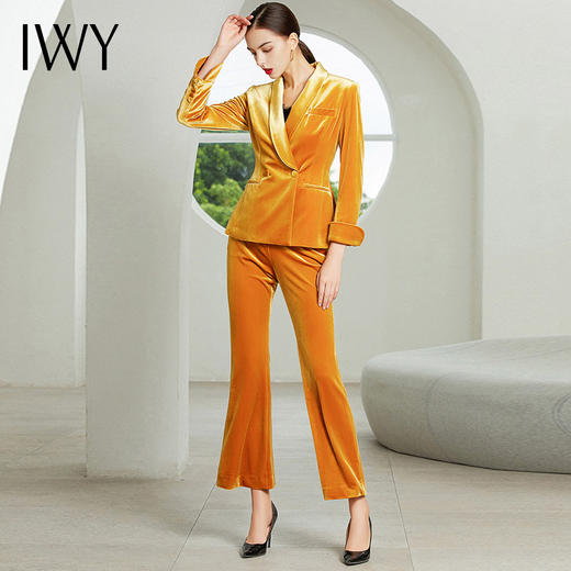 IWY/主持人同款-小岛 明黄色长袖西装裤子丝绒套装194011C1+P3-1 商品图2