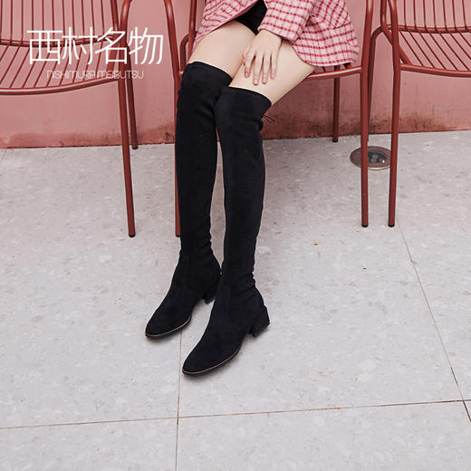 西村名物2020冬季新款长筒靴中跟牛皮革粗跟时尚靴子女T20DI40261 商品图0