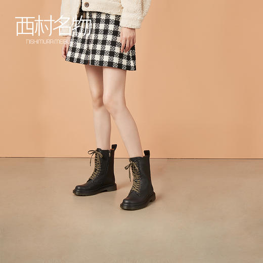 西村名物2020冬季新款朋克风机车女靴牛皮军绿色系带马丁靴X20DC41901 商品图1