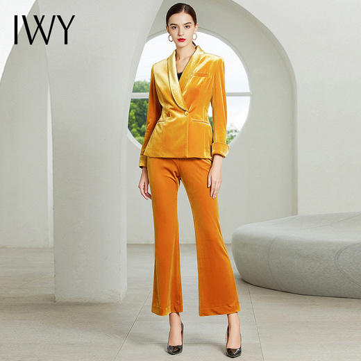 IWY/主持人同款-小岛 明黄色长袖西装裤子丝绒套装194011C1+P3-1 商品图3