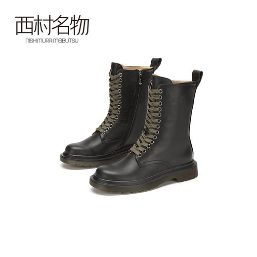 西村名物2020冬季新款朋克风机车女靴牛皮军绿色系带马丁靴X20DC41901 商品图2