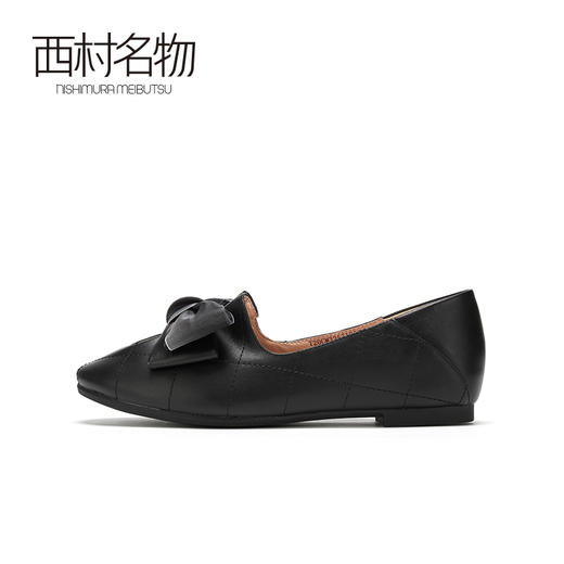 西村名物秋季新款单鞋平跟圆头牛皮革百搭蝴蝶结浅口女鞋T20CM32571 商品图1