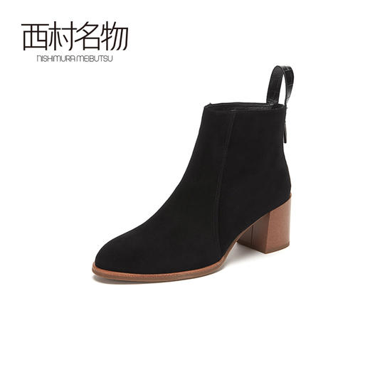 西村名物2020冬季新款短靴羊皮绒面革高跟纯色简约女靴T20DS40431 商品图2