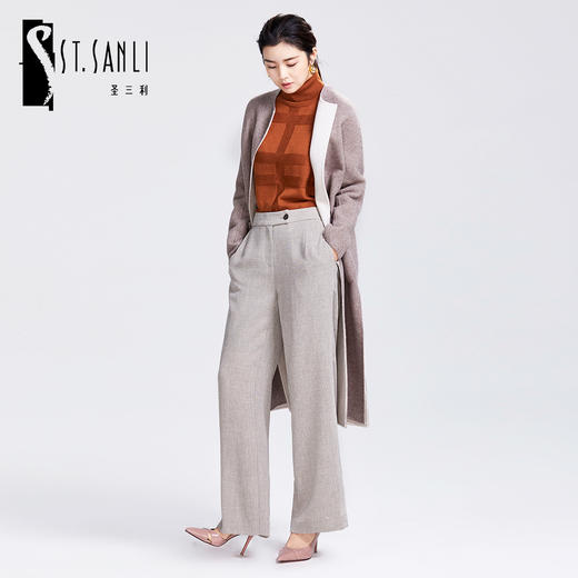 圣三利女装新冬季优雅无领双面含羊毛羊绒中长款大衣SL1941150 商品图0