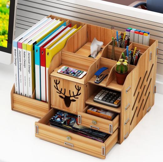 【办公室用品】。办公室桌面收纳盒 办公用品文件架创意书架资料架木质书本置物架 商品图3