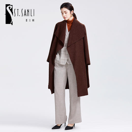 圣三利女装 新款纯色羊毛圈纱中长款大翻领毛呢大衣SL2031139 商品图0