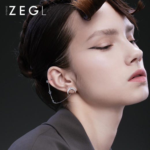 ZENGLIU月亮链条耳钉耳骨夹一体星星耳环女冷淡风气质925银针耳饰 商品图3