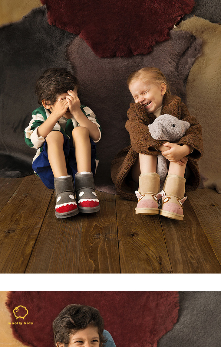 woollykids童鞋雪地靴皮毛一体套脚短靴真皮加绒防水雪地靴