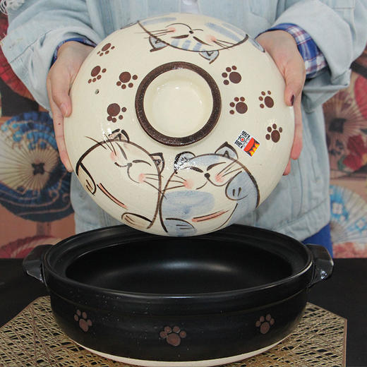 日本进口万古烧福佑美猫咪全家土锅耐高温砂锅炖锅煲汤家用陶瓷锅 商品图2