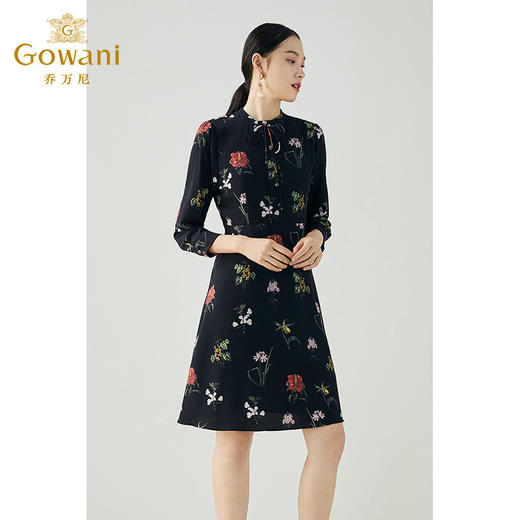 乔万尼秋装复古印花收腰显瘦气质长袖连衣裙中长款EN3E323 商品图2