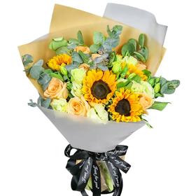 暖意满满     9朵香槟玫瑰，4朵向日葵，桔梗尤加利搭配（1508）