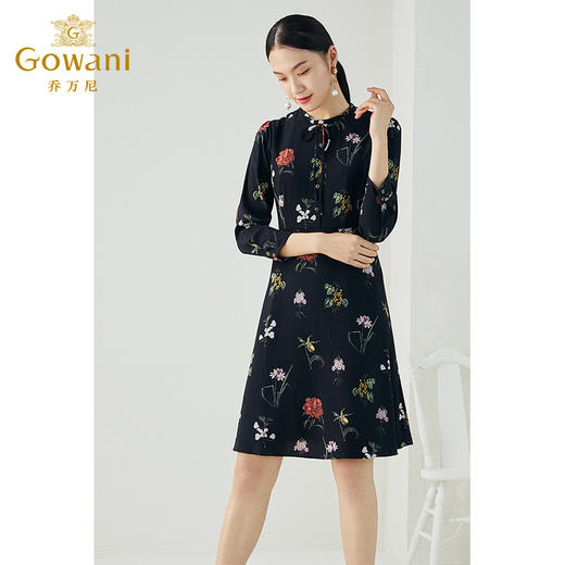 乔万尼秋装复古印花收腰显瘦气质长袖连衣裙中长款EN3E323 商品图1