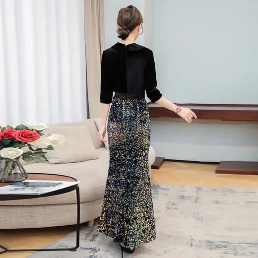 HT-N-B29-2082新款时尚优雅气质修身翻领长袖拼接亮片长款鱼尾礼服裙 商品图2