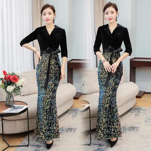 HT-N-B29-2082新款时尚优雅气质修身翻领长袖拼接亮片长款鱼尾礼服裙 商品图0