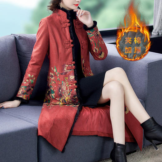 AHM  ymy8903加厚夹棉长款过膝棉服国风复古旗袍大衣 商品图2