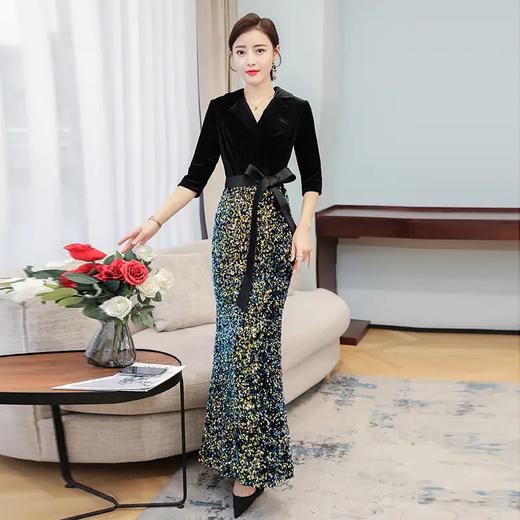 HT-N-B29-2082新款时尚优雅气质修身翻领长袖拼接亮片长款鱼尾礼服裙 商品图4