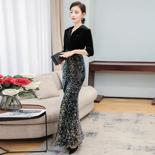 HT-N-B29-2082新款时尚优雅气质修身翻领长袖拼接亮片长款鱼尾礼服裙 商品图7