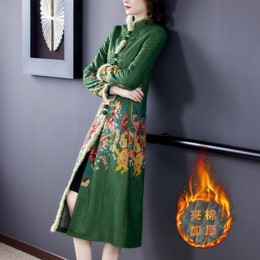 AHM  ymy8903加厚夹棉长款过膝棉服国风复古旗袍大衣 商品图3