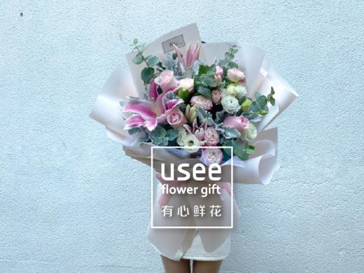 云裳女神a 教师节花束2枝粉色百合花束混搭粉玫瑰花折射桔梗花生日礼物手捧花花店送花上门 有心鲜花官方旗舰店