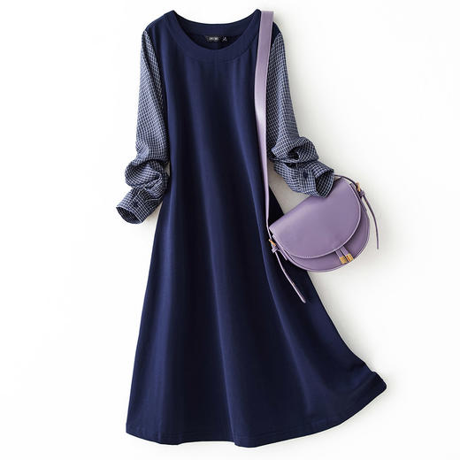 女款通勤时尚经典百搭圆领格纹拼接袖子中长款直筒气质连衣裙