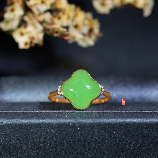 18K玫瑰金和田玉（碧玉）戒指   /四叶草11*11mm/苹果绿 (圈口请备注留言) 商品图2
