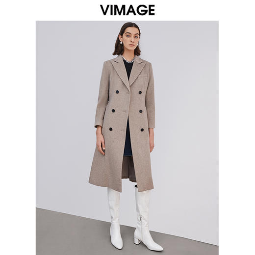  VIMAGE纬漫纪冬季新款挺括帅气复古双排扣长款收腰羊毛呢大衣VD2014003 商品图1