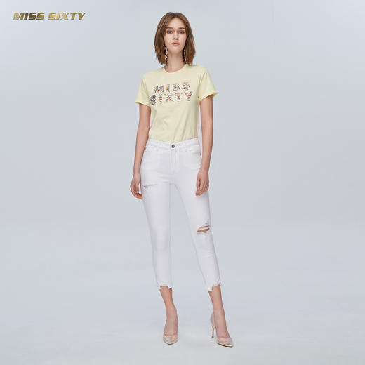 Miss Sixty夏季紧身显瘦小脚裤子七分白色毛边破洞弹力牛仔裤692JJ8040000 商品图3