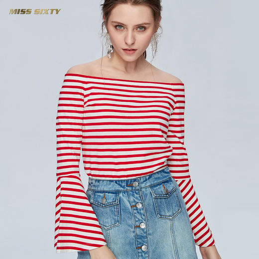 Miss Sixty纯棉一字肩条纹露肩上衣设计感亲肤长袖T恤女ins潮691SJ2441000 商品图4