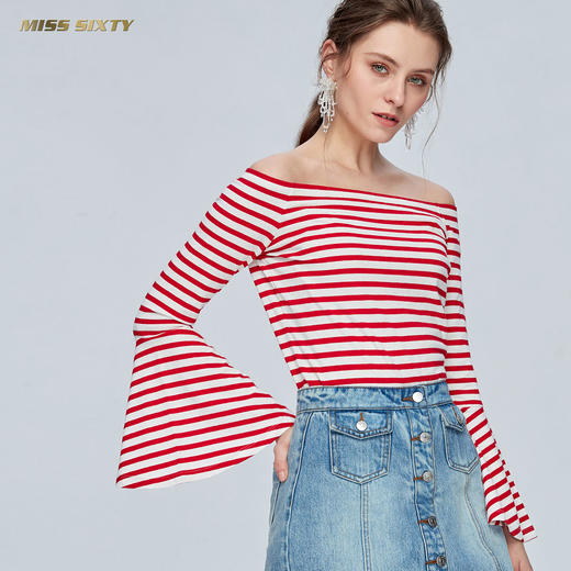 Miss Sixty纯棉一字肩条纹露肩上衣设计感亲肤长袖T恤女ins潮691SJ2441000 商品图1