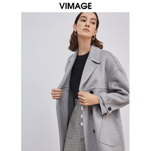  VIMAGE纬漫纪冬季新款宽松翻领双排扣直筒长款羊毛呢大衣女V1414020D 商品图2