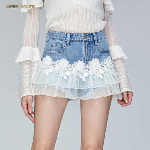 Miss Sixty网纱拼接裙裤浅色高腰牛仔短裤692JJ2260000 商品图0