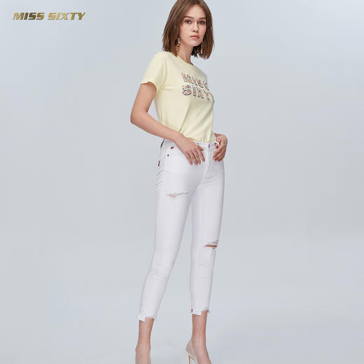 Miss Sixty夏季紧身显瘦小脚裤子七分白色毛边破洞弹力牛仔裤692JJ8040000 商品图4