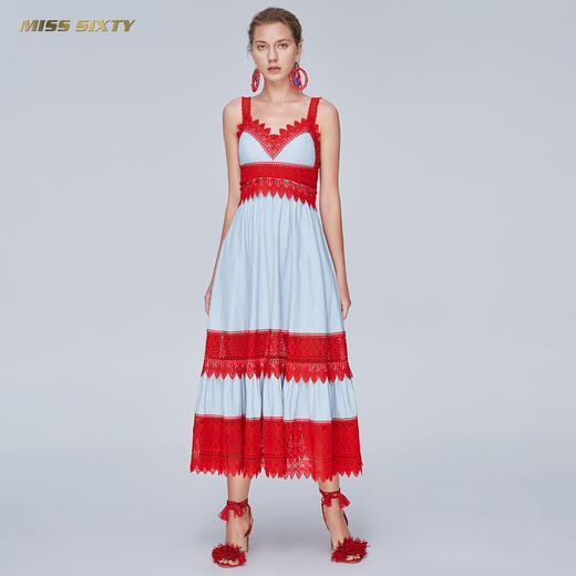 Miss Sixty夏季蕾丝绣花高收腰无袖吊带裙条纹牛仔连衣裙长裙子692DJ0760000 商品图0
