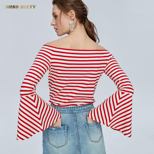 Miss Sixty纯棉一字肩条纹露肩上衣设计感亲肤长袖T恤女ins潮691SJ2441000 商品图3