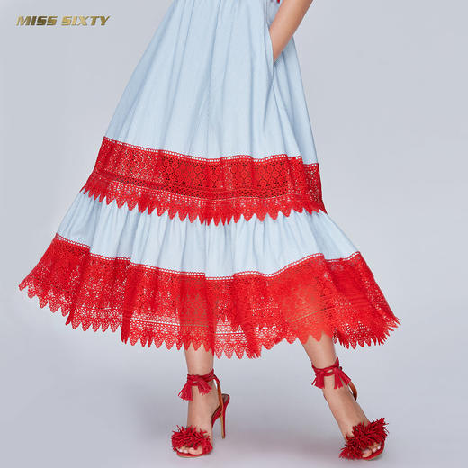 Miss Sixty夏季蕾丝绣花高收腰无袖吊带裙条纹牛仔连衣裙长裙子692DJ0760000 商品图4