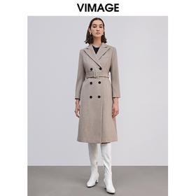  VIMAGE纬漫纪冬季新款挺括帅气复古双排扣长款收腰羊毛呢大衣VD2014003