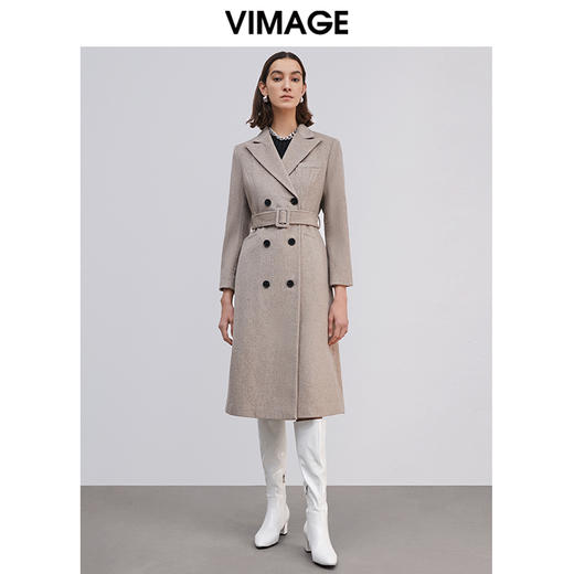  VIMAGE纬漫纪冬季新款挺括帅气复古双排扣长款收腰羊毛呢大衣VD2014003 商品图0