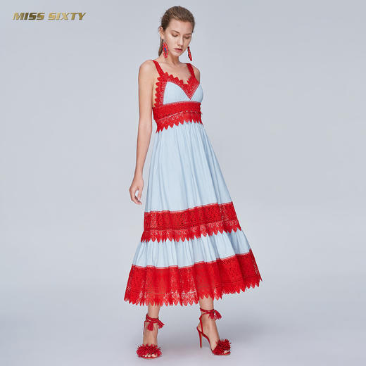 Miss Sixty夏季蕾丝绣花高收腰无袖吊带裙条纹牛仔连衣裙长裙子692DJ0760000 商品图3