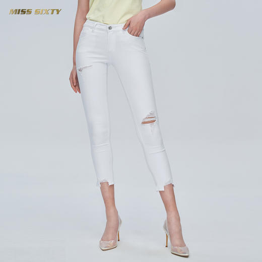 Miss Sixty夏季紧身显瘦小脚裤子七分白色毛边破洞弹力牛仔裤692JJ8040000 商品图0