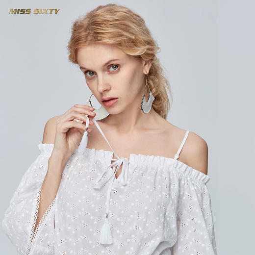 Miss Sixty夏季一字领喇叭袖高收腰白色超仙气吊带连衣裙692DJ8290000 商品图2