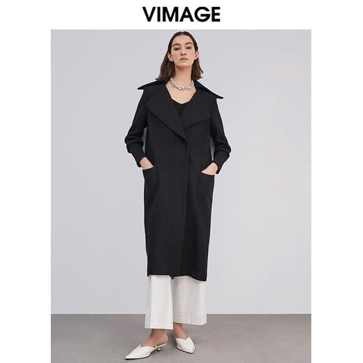 VIMAGE纬漫纪冬款大气翻领时尚百搭显瘦廓形羊毛呢大衣女V1414018D 商品图1
