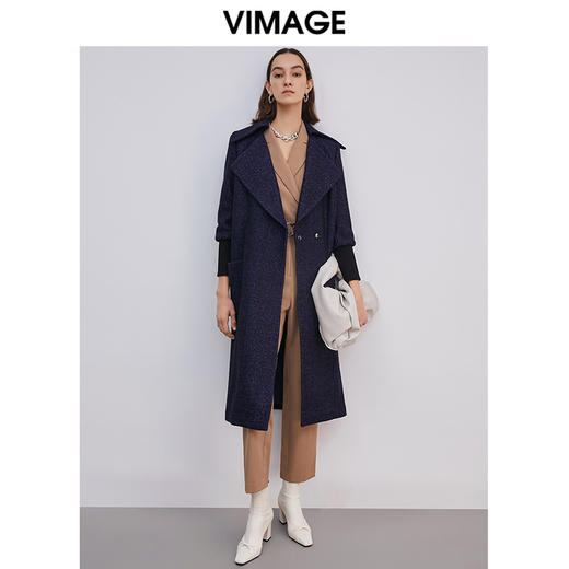 VIMAGE纬漫纪冬款大气翻领时尚百搭显瘦廓形羊毛呢大衣女V1414018D 商品图0