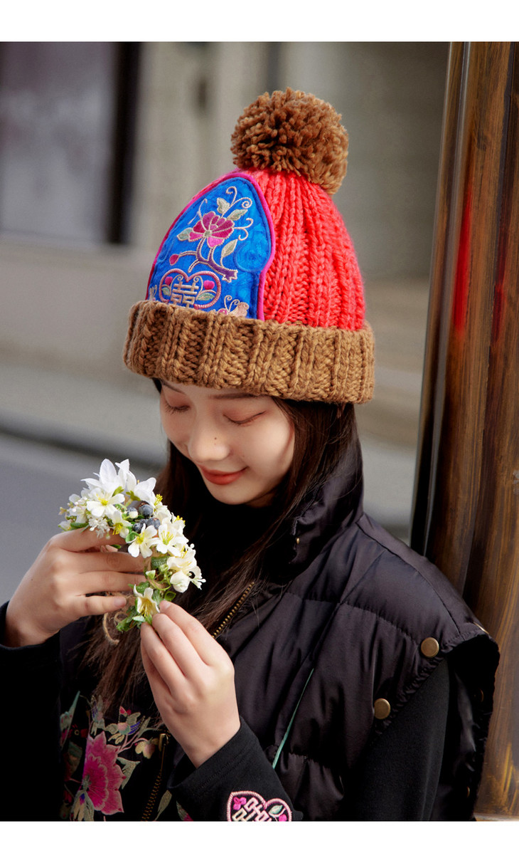花制作/花喜/原创民族风刺绣毛线帽加厚针织棉帽百搭防寒保暖帽子