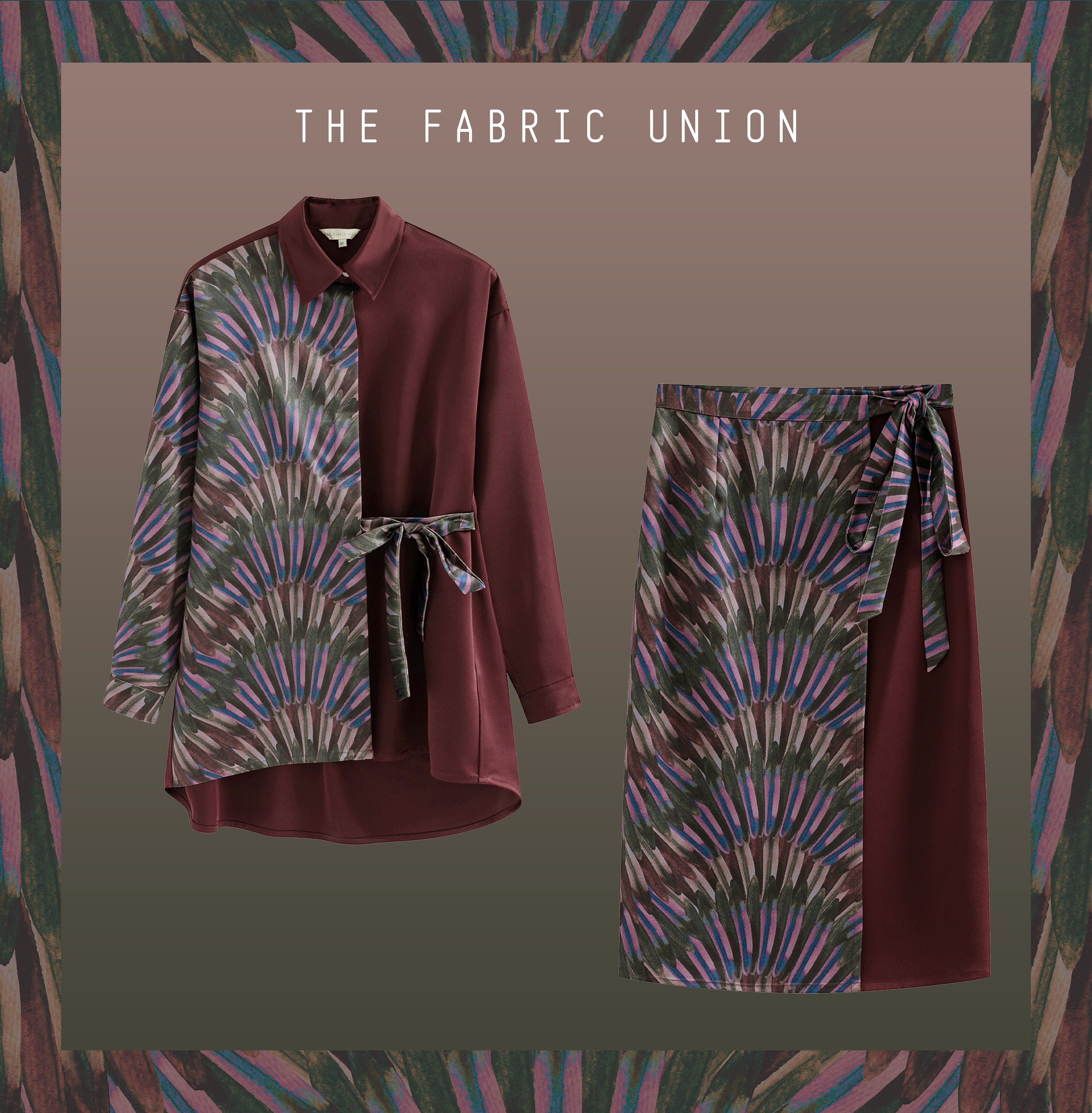THE FABRIC UNION 印花中性缎面衬衫 & 印花缎面系带假日裹裙
