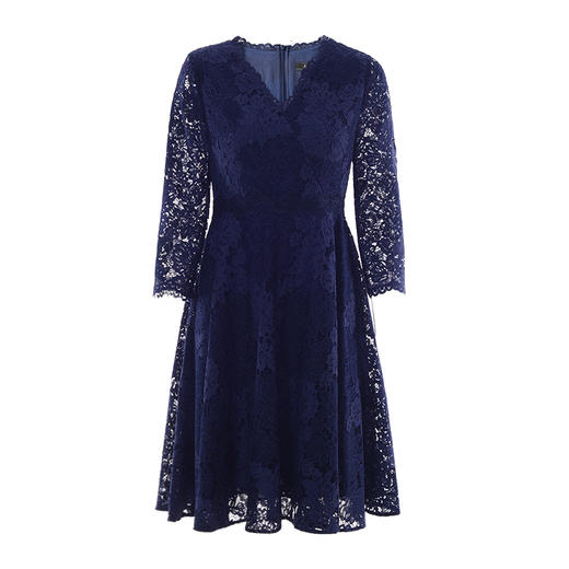 EITIE爱特爱春季新款洋气V领收腰显瘦A摆七分袖蕾丝连衣裙女6107818 商品图6