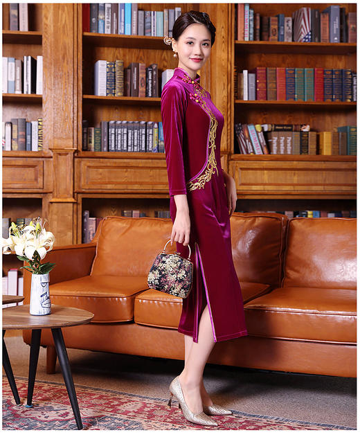 dlqa2790新款秋冬丝绒妈妈装婚宴喜婆婆中式旗袍礼服裙敬酒服