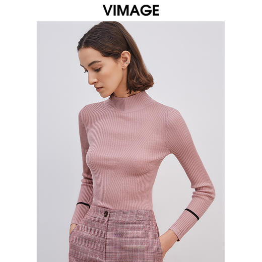 VIMAGE纬漫纪新款通勤简约半高领显瘦修身针织衫女上衣V1301902 商品图3