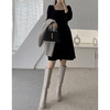 短款气质收腰黑色方领丝绒连衣裙 商品缩略图1